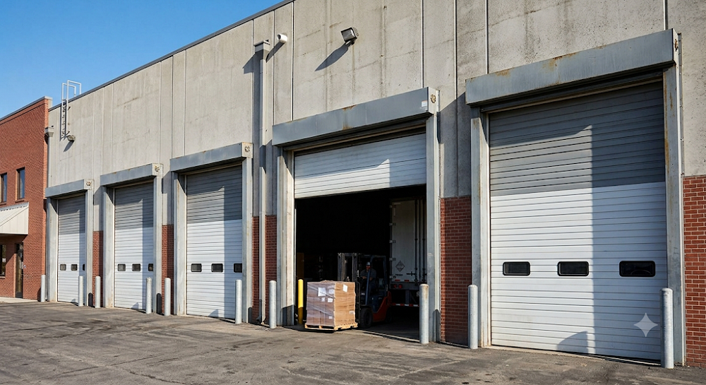 A long warehouse building features multiple garage doors, with a forklift moving a pallet of goods outside the only open bay