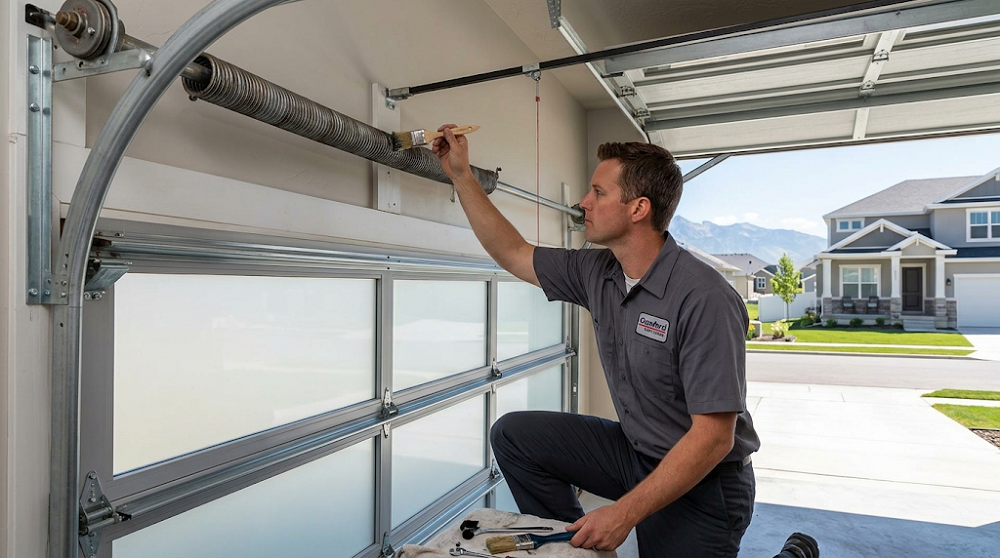 A Crawford Door Sales technician, identifiable by his uniform shirt and professional tools, inspects and lubricates the high-tension torsion springs of a garage door system. Through the open garage, a suburban street and distant mountains characteristic of the Sandy, Murray, and Ogden areas are visible under a clear sky